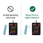 Instruction graphic showing two sides of using a small spray bottle on a novelty air freshener. The left side has a crossed-out icon and the text 'Avoid spraying too close,' while the right side has a checkmark icon and the text 'Spray from a slight distance.
