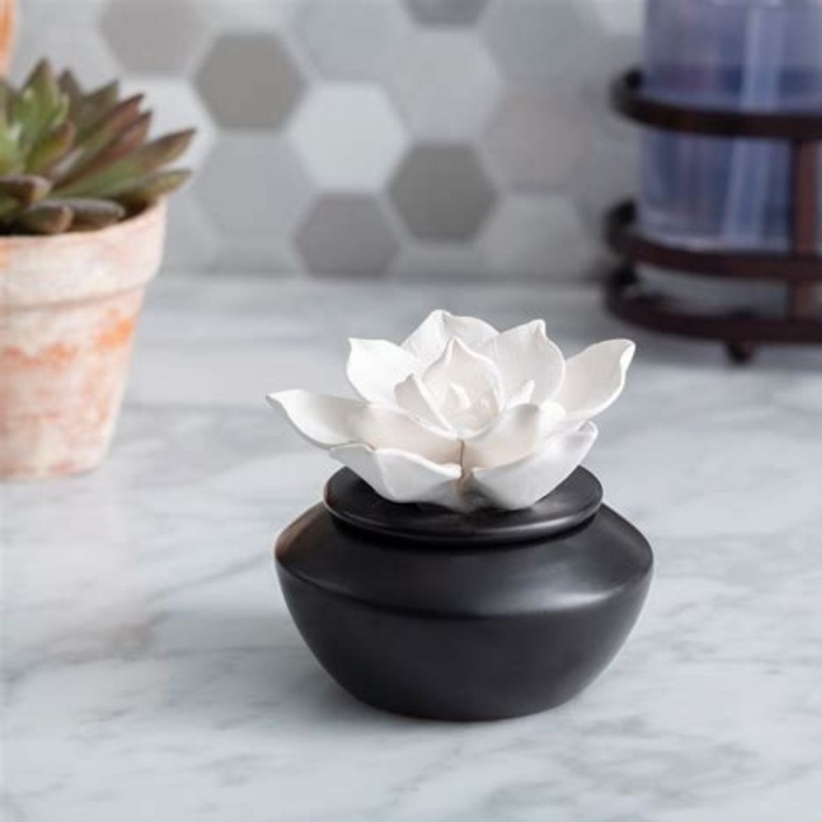 Porcelain white gardenia flower in a black pot on a marble surface with a hexagonal tile wall in the background.