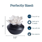 White gardenia flower diffuser with dimensions and features listed which are 3 inches high and 3.2 inches wide on a white background