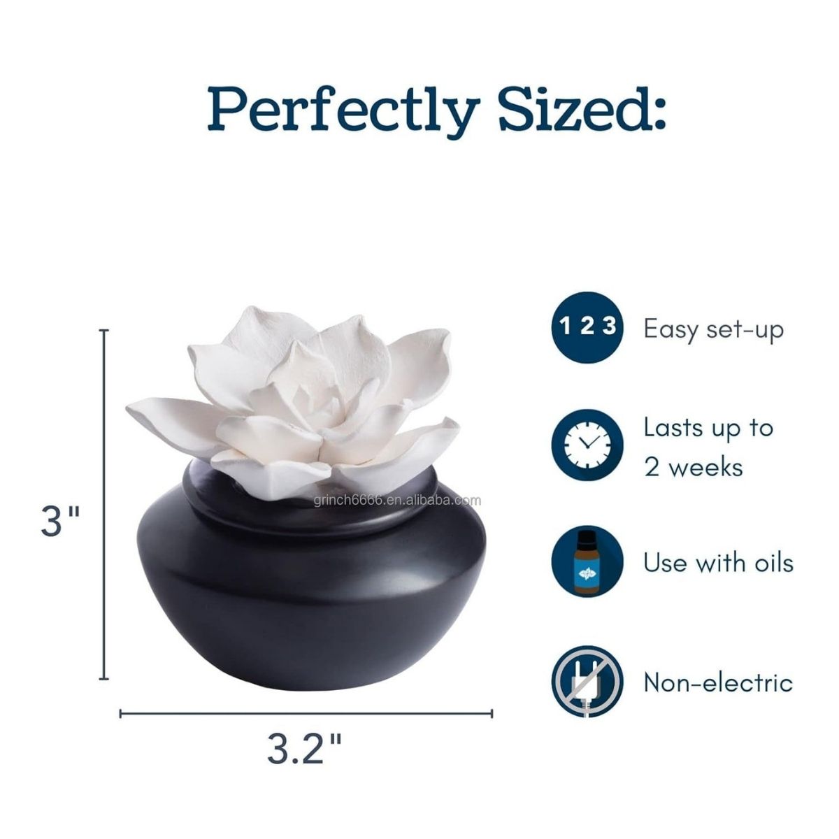 White gardenia flower diffuser with dimensions and features listed which are 3 inches high and 3.2 inches wide on a white background