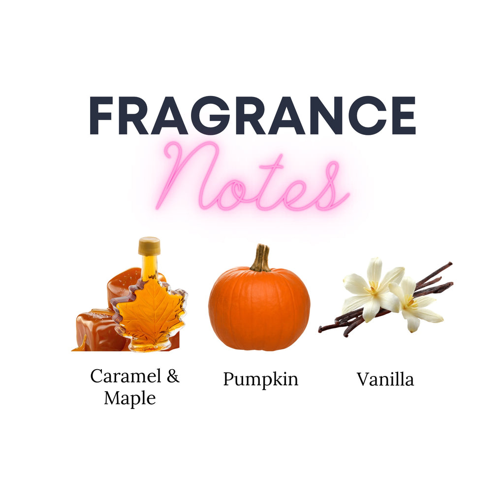A graphic titled 'FRAGRANCE Notes' on a white background, showing three scent notes with small illustrations: caramel and maple syrup under 'Caramel & Maple,' a pumpkin under 'Pumpkin,' and vanilla flowers under 'Vanilla.'.