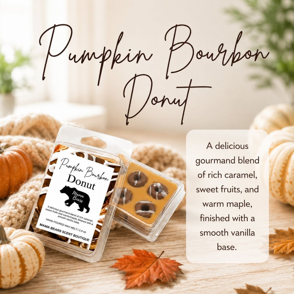 Pumpkin Bourbon Donut scented wax melts in a clear plastic clamshell package, styled on a wooden surface with pumpkins, autumn leaves, and a cozy knit blanket. Large text reads 'Pumpkin Bourbon Donut' and a descriptive text box appears on the right.