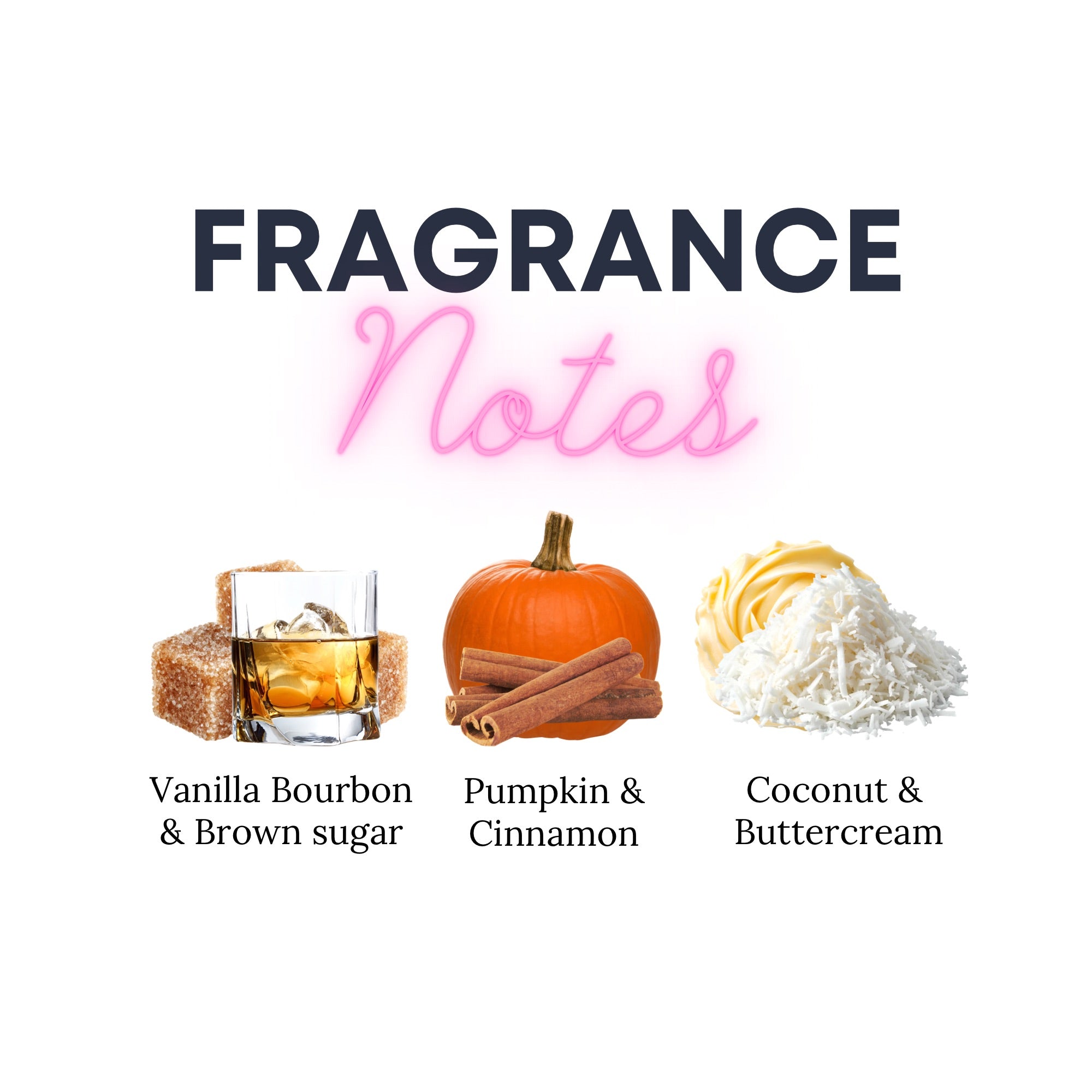 A graphic titled 'FRAGRANCE Notes' on a white background, showing three scent options with small ingredient illustrations and labels: 'Vanilla Bourbon & Brown sugar' with a whiskey glass and brown sugar cubes, 'Pumpkin & Cinnamon' with a pumpkin and cinnamon sticks, and 'Coconut & Buttercream' with coconut flakes and a cream swirl.