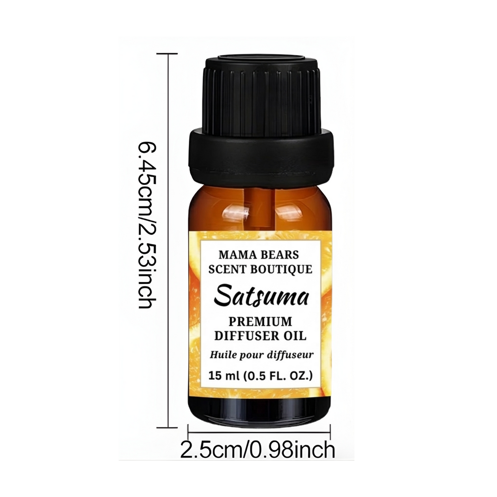 Satsuma diffuser oil bottle with dimensions on a white background