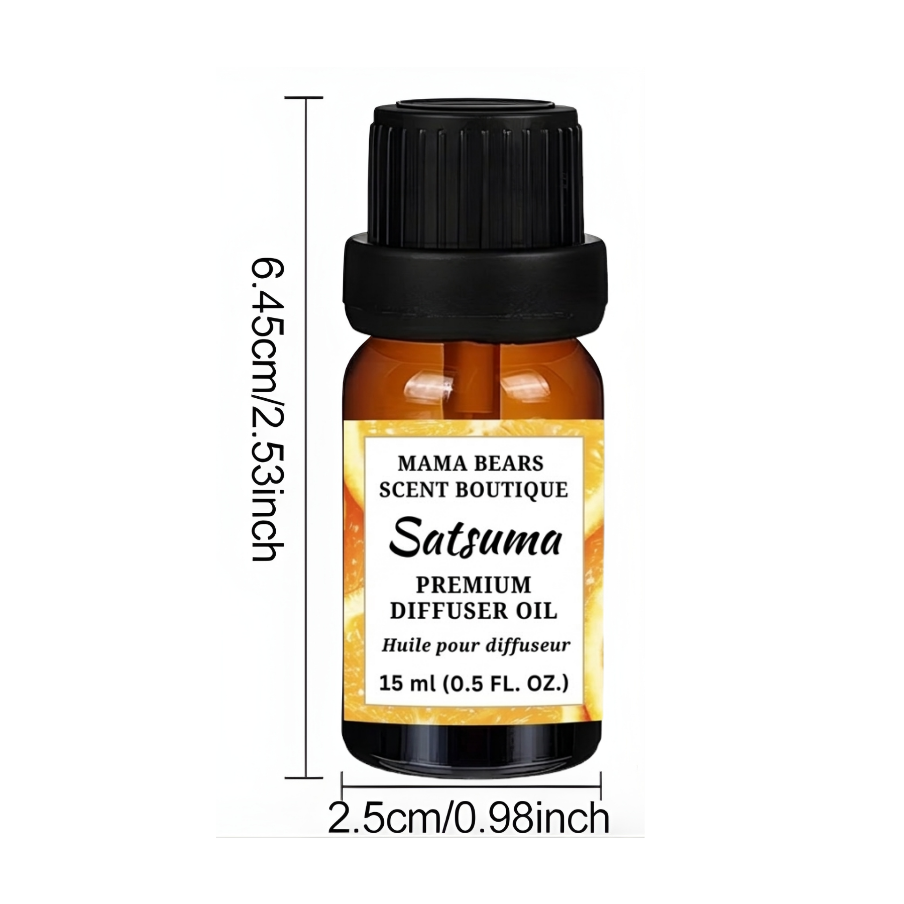 Satsuma diffuser oil bottle with dimensions on a white background