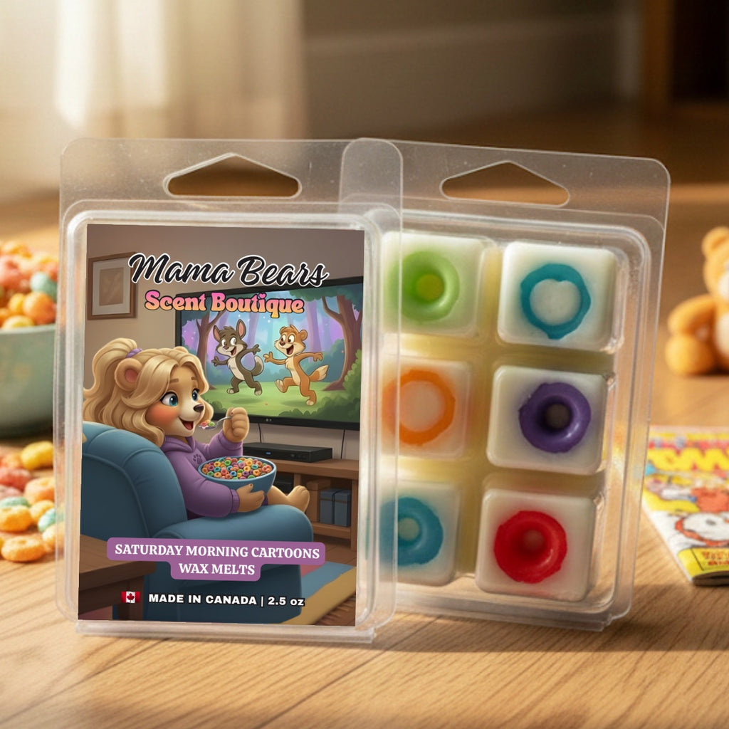 Saturday Morning Carttoons wax melts with cartoon-themed packaging on a wooden surface.