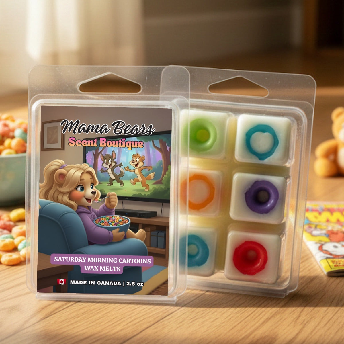 Saturday Morning Carttoons wax melts with cartoon-themed packaging on a wooden surface.