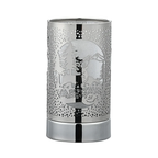 Silver wax warmer with engraved deer design on a white background