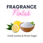 Fragrance notes with lemons and a bowl of sugar on a white background