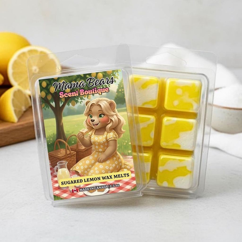 Sugared lemon wax melts with packaging featuring a bear character.