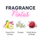 Fragrance notes with images of sweet pea & pear, fressia, and fresh berry & musk on a white background.