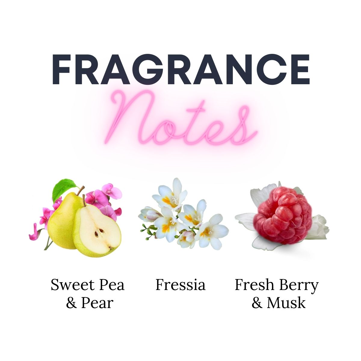 Fragrance notes with images of sweet pea & pear, fressia, and fresh berry & musk on a white background.