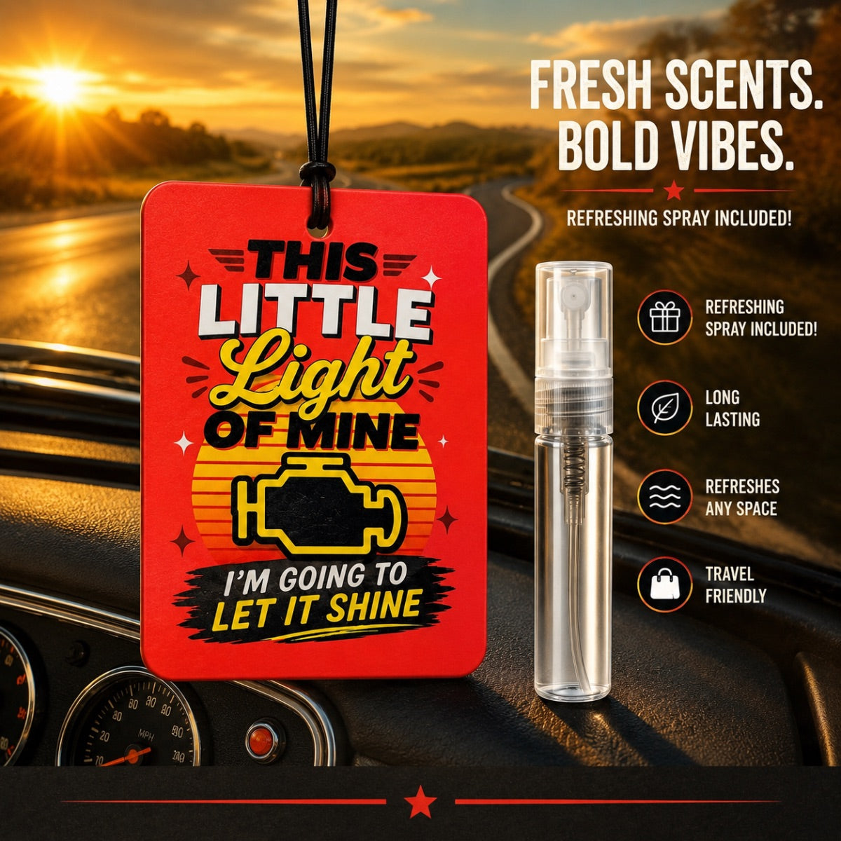 A red car air freshener spray bottle with a black hanging cord is shown on a car dashboard next to a clear travel spray vial. The background is a blurred sunset road scene.