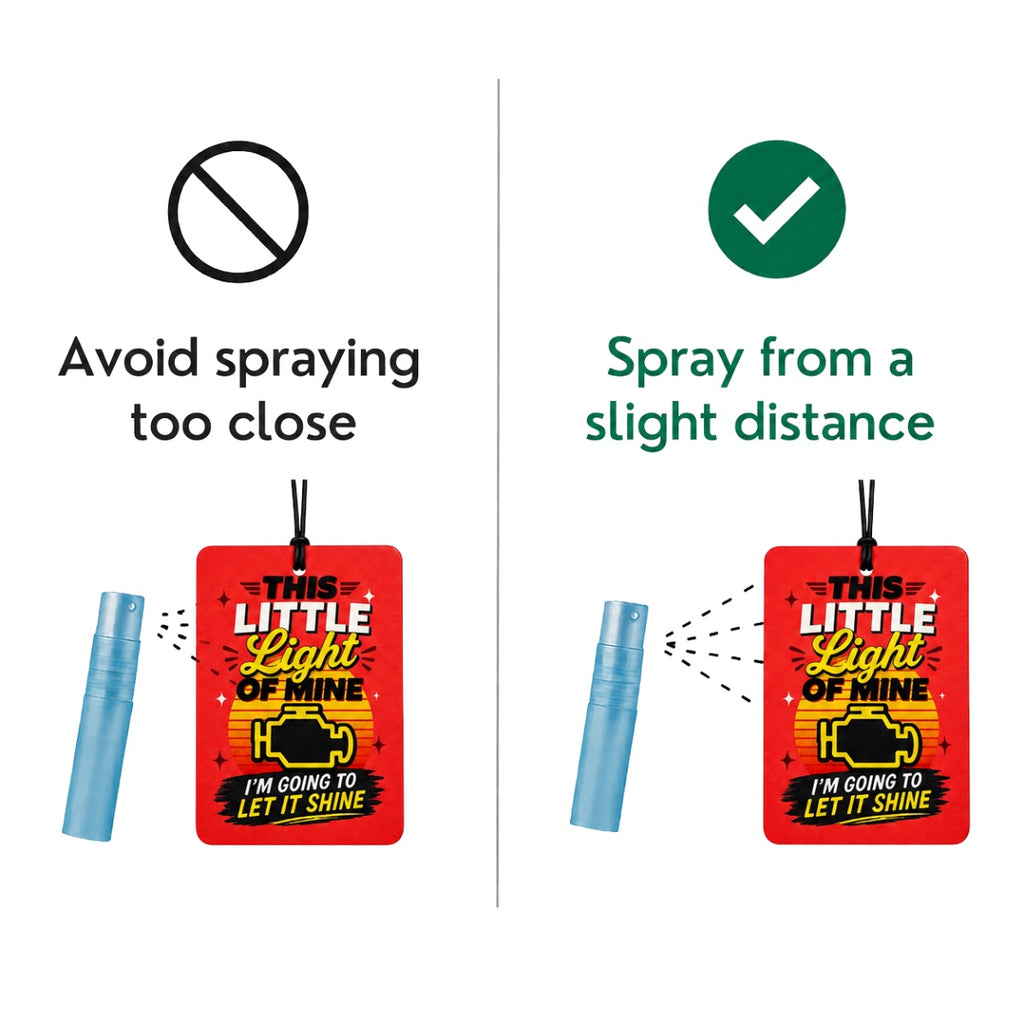 Instruction graphic showing how to use a small blue spray bottle on a red novelty tag. The left side says 'Avoid spraying too close' with a crossed-out icon, and the right side says 'Spray from a slight distance' with a checkmark icon.