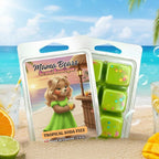 Tropical Soda Fizz wax melts in a clamshell with a beach scene and 'Mama Bears Scent Boutique' branding.