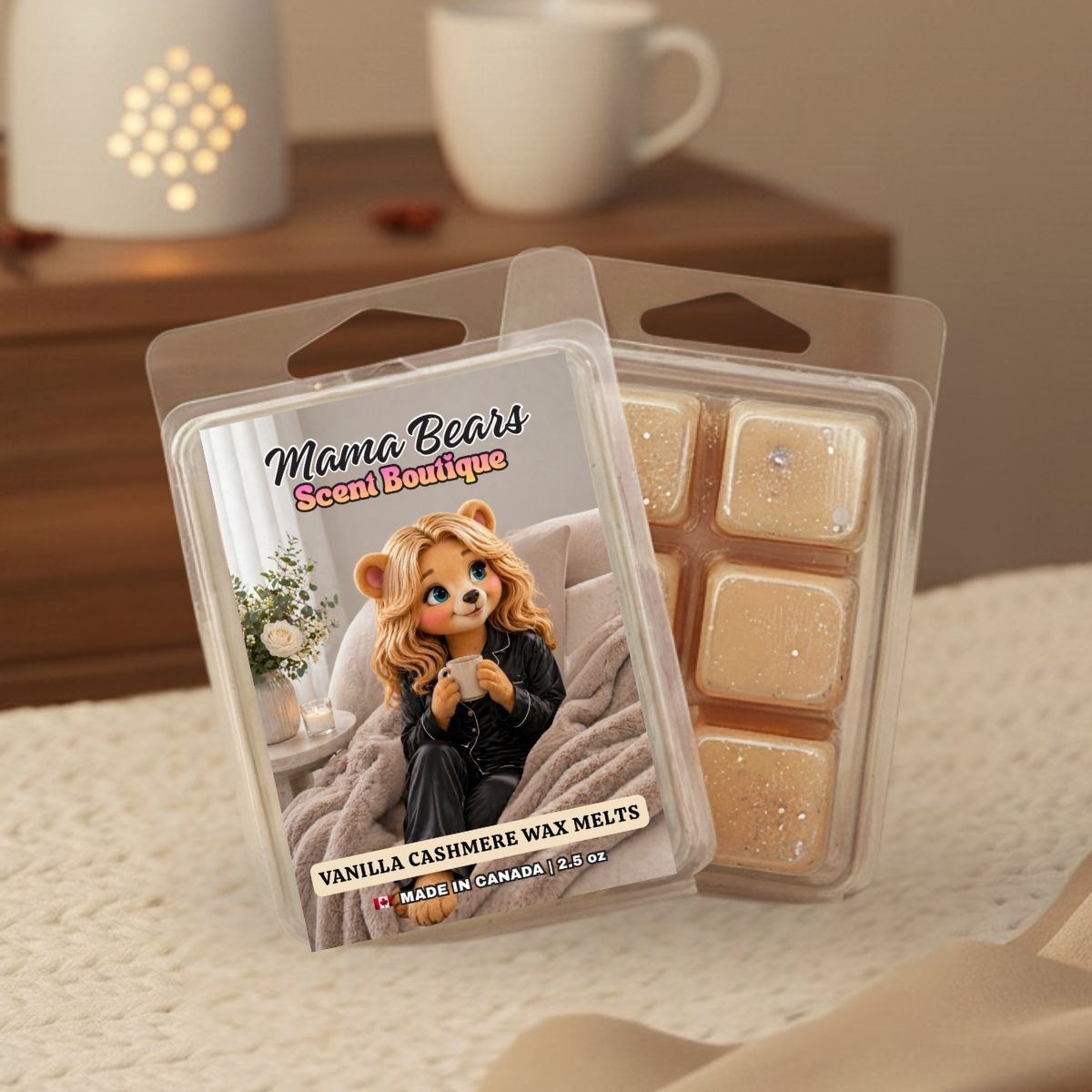 Packaged vanilla cashmere wax melts with a bear illustration on a soft surface.