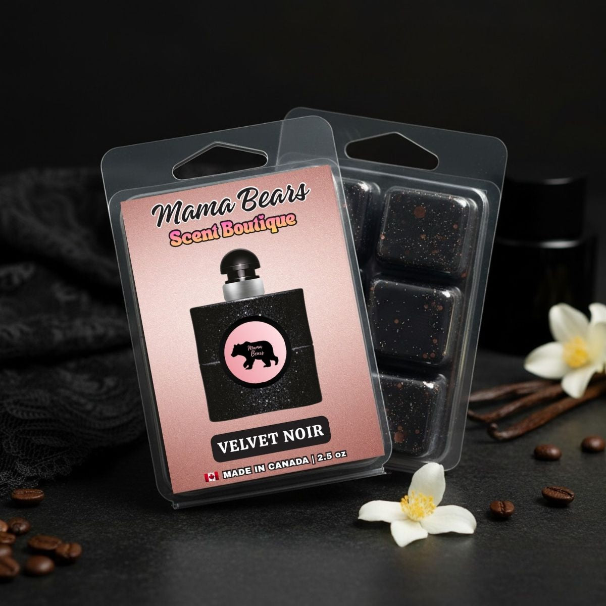Packaged Velvet Noir wax melts from Mama Bears Scent Boutique with flowers and coffee beans on a dark background