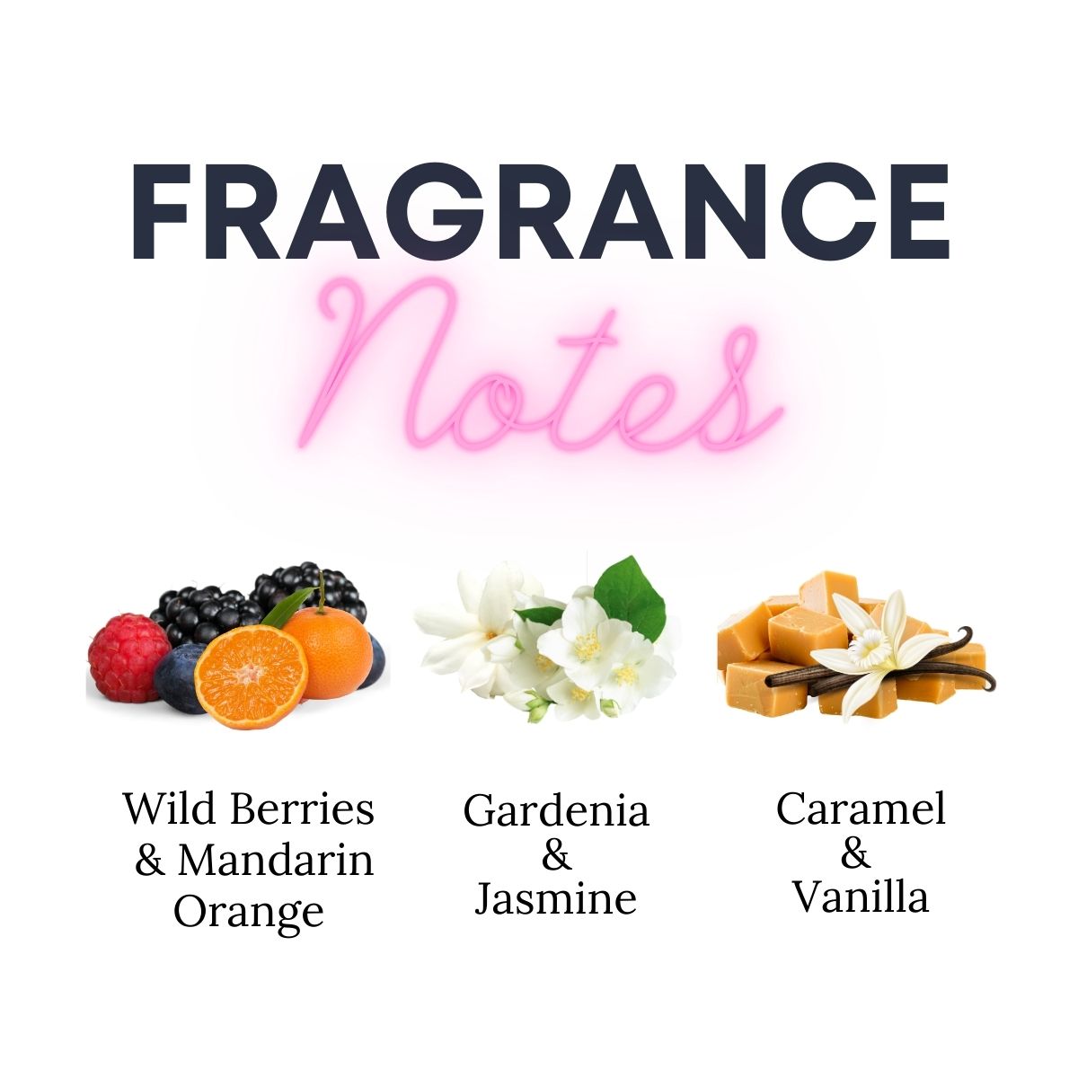 Viva Glam wax melts scent notes - wild berries, mandarin orange, gardenia, jasmine, caramel vanilla