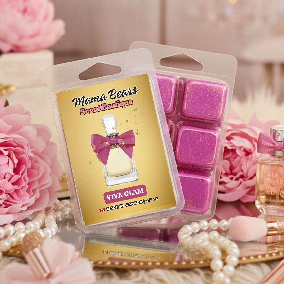 Viva Glam Wax Melts - Wild Berries, Gardenia, Caramel Praline Scent styled on a mirrored dish surrounded by pink flowers and white pearls.
