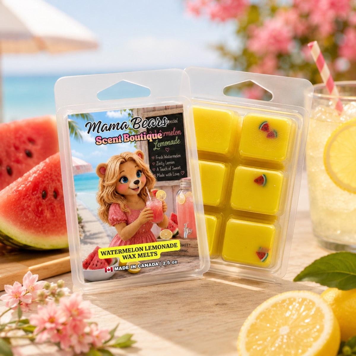 Packaged watermelon lemonade wax melts with a beach-themed label, surrounded by watermelon, lemons, and flowers.