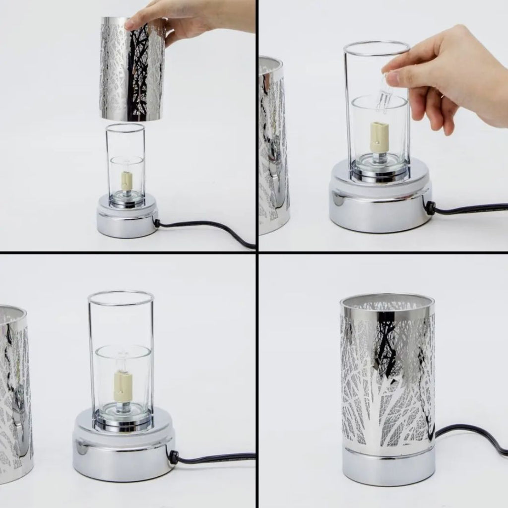 Step-by-step assembly of a wax warmer with a metallic base and glass shade.