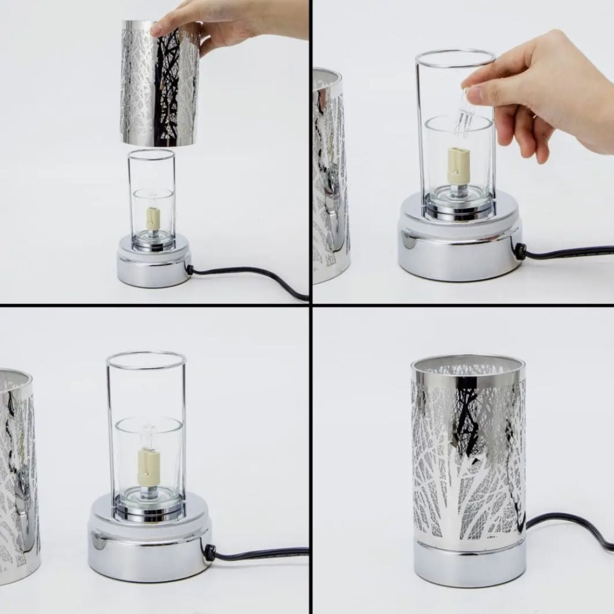 Step-by-step assembly of a wax warmer with a metallic base and glass shade.