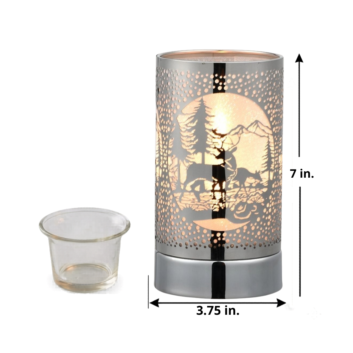 Decorative silver wax warmer with cut-out design of a deer and trees, next to a small glass dish with measurements of the warmer on side.